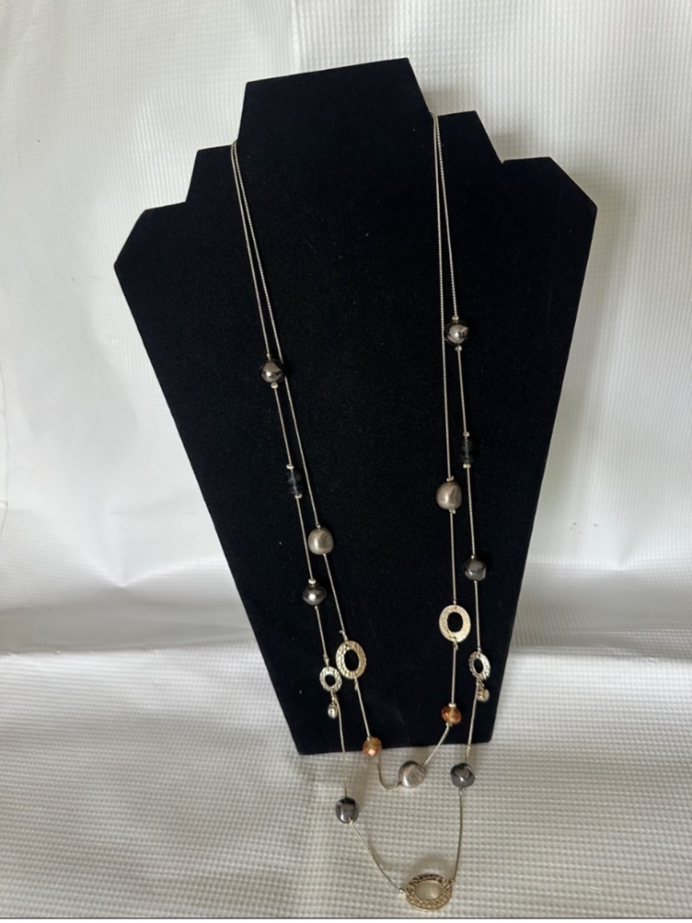 Long Layered Silver-Tone Bead & Ring Necklace
